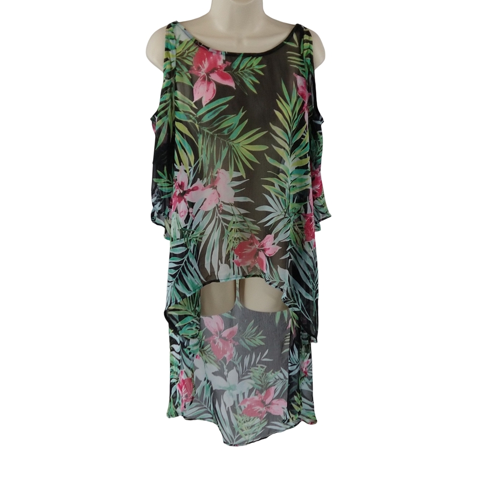 7th Avenue Tropical Print Women's Cold Shoulder High Low Swim Coverup
